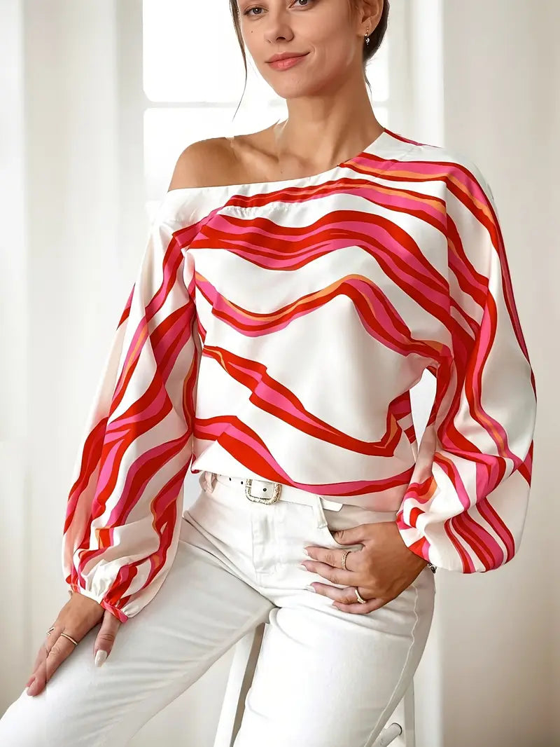 Ysaline Blouse Asymétrique Femme – Haut Élégant à Une Épaule avec Manches Ballon et Motif Ondulé
