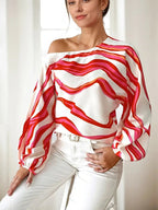 Ysaline Blouse Asymétrique Femme – Haut Élégant à Une Épaule avec Manches Ballon et Motif Ondulé