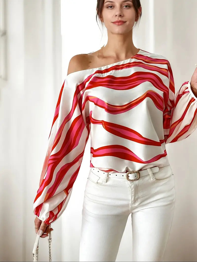 Ysaline Blouse Asymétrique Femme – Haut Élégant à Une Épaule avec Manches Ballon et Motif Ondulé