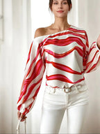 Ysaline Blouse Asymétrique Femme – Haut Élégant à Une Épaule avec Manches Ballon et Motif Ondulé