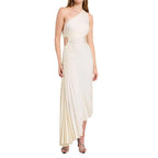 Béatrice – Abito midi asimmetrico avorio monospalla con raffinato drappeggio plissettato