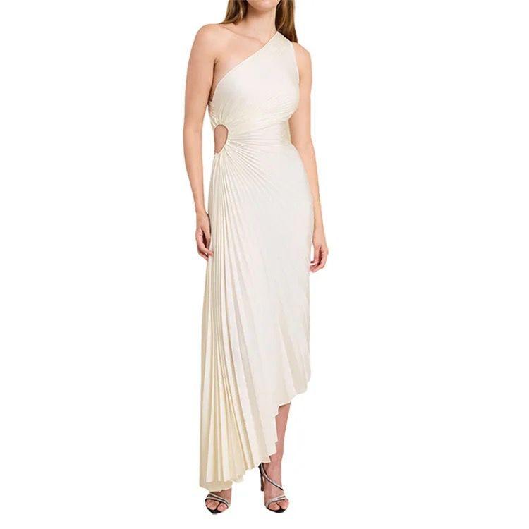 Béatrice – Abito midi asimmetrico avorio monospalla con raffinato drappeggio plissettato