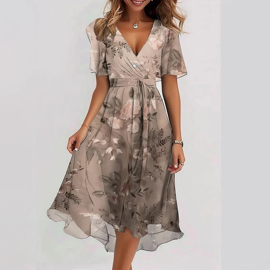 Brielle Robe Midi Femme – Robe Fleurie Cache-Cœur avec Taille Nouée et Col V Élégant