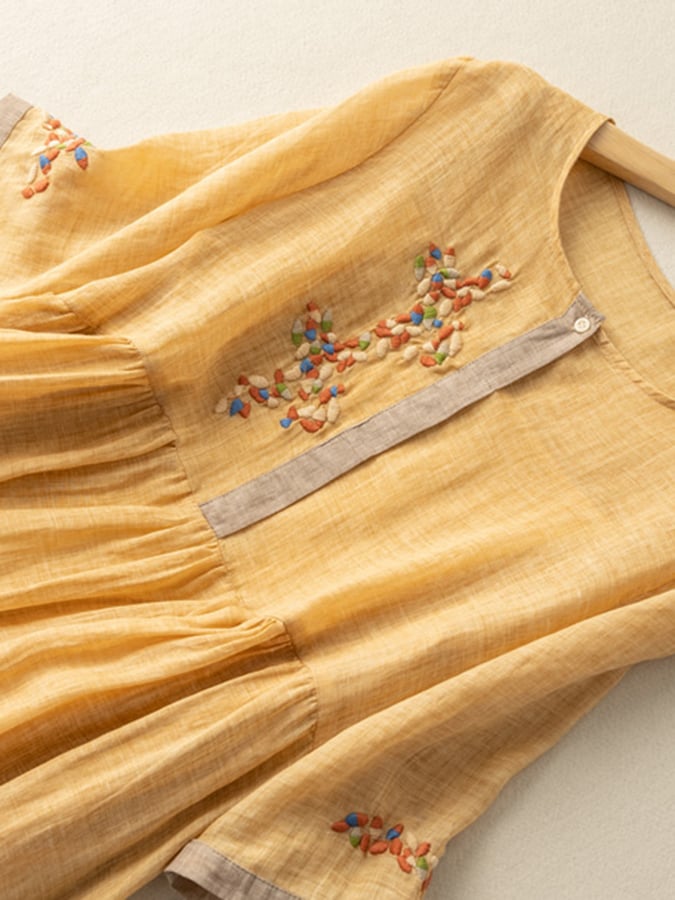 Elowen Robe Femme – Robe Bohème en Coton et Lin avec Broderies Florales Délicates