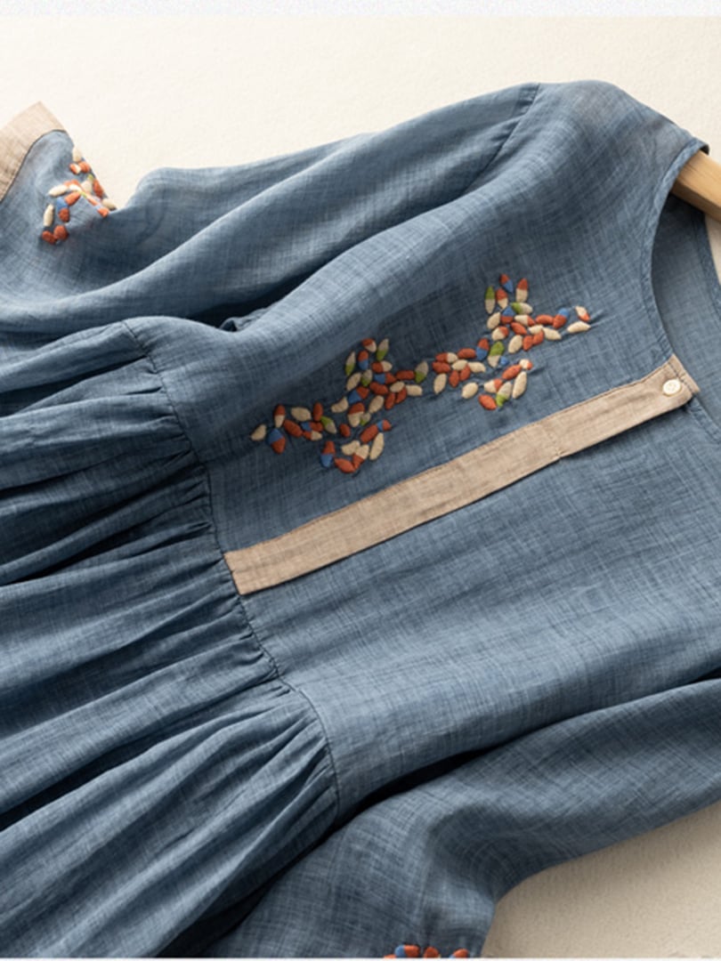 Elowen Robe Femme – Robe Bohème en Coton et Lin avec Broderies Florales Délicates