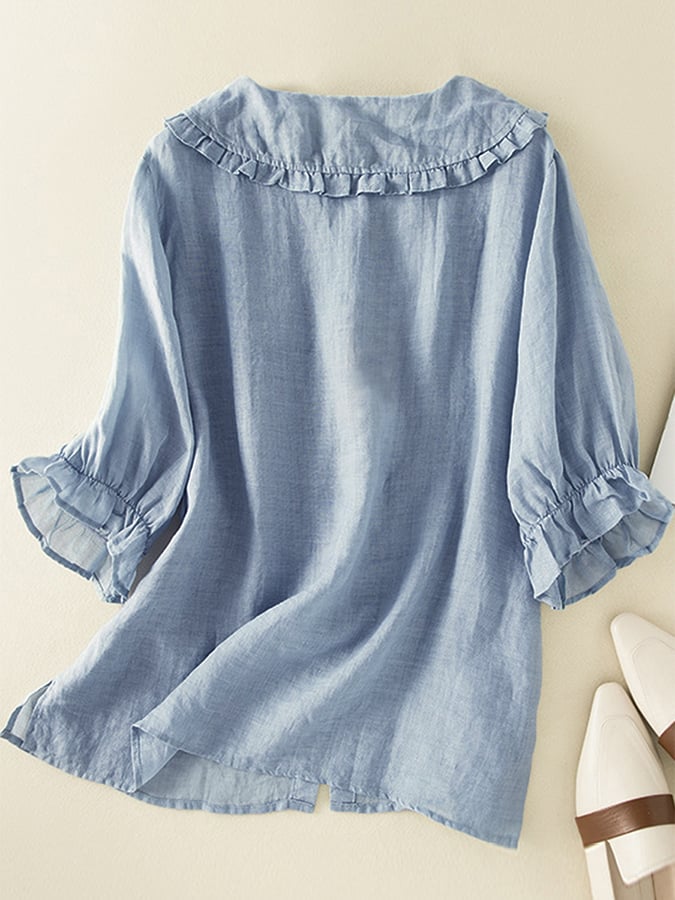 Peyton Blouse Femme – Chemise Ample en Coton-Lin avec Col à Volants Élégant