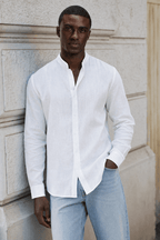 Marcel Chemise Homme à Col Mao – Chemise Décontractée en Lin avec Boutonnage Classique