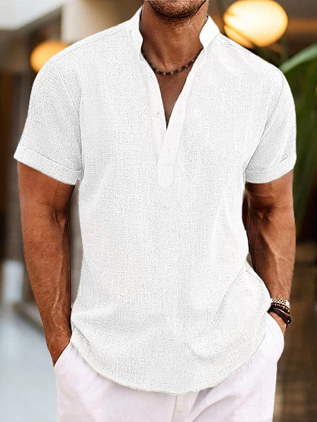 Lorenzo Chemise Homme – Chemise d’Été en Lin avec Col Henley et Manches Courtes