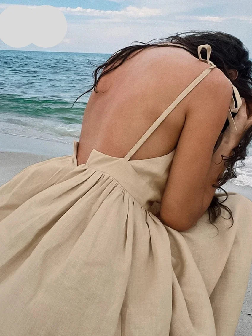 Isadora – Abito midi da donna beige con spalline sottili annodate e gonna ampia ed elegante