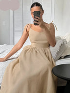 Isadora – Abito midi da donna beige con spalline sottili annodate e gonna ampia ed elegante