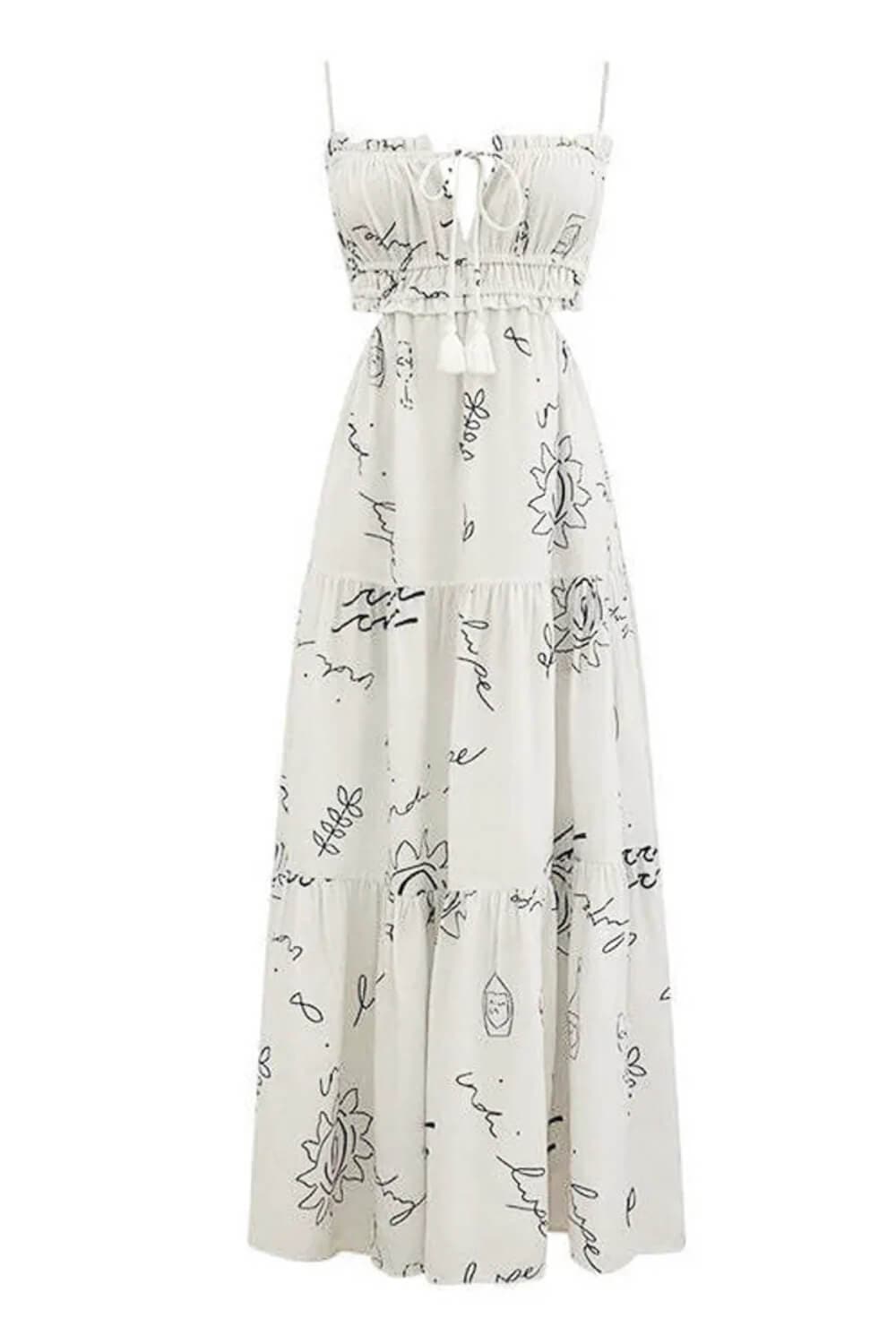 Freya – Abito lungo da donna bianco con stampa, spalline sottili, fluido ed elegante