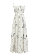 Freya – Abito lungo da donna bianco con stampa, spalline sottili, fluido ed elegante
