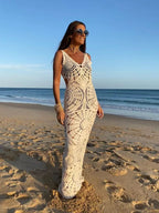 Giulia – Robe longue femme en crochet beige ajouré, élégante pour la plage d’été