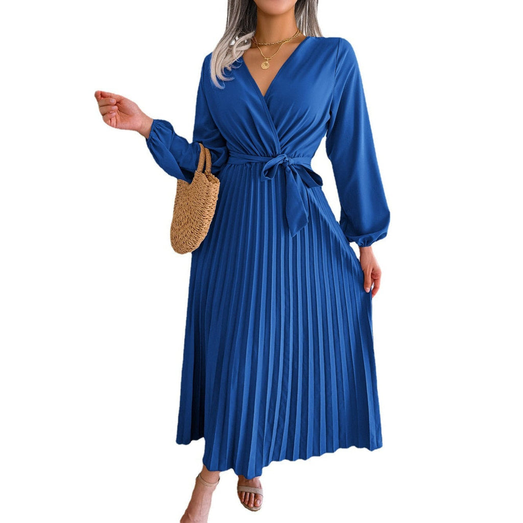 Olivia – Women's Long Blue Pleated Dress with V-Neck, Long Sleeves, and Tie Belt
