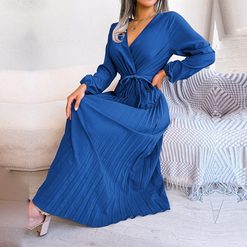 Olivia – Women's Long Blue Pleated Dress with V-Neck, Long Sleeves, and Tie Belt