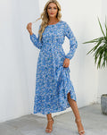 Pauline – Abito midi da donna blu a fiori, con maniche lunghe, vita arricciata e vestibilità fluida