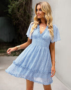 Rosalie – Elegant women’s light blue floral short dress with a V-neck and ruffled sleeves