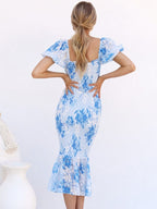 Thalia – Abito midi da donna blu a fiori, con maniche a sbuffo ed elegante taglio a sirena