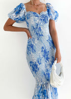 Thalia – Abito midi da donna blu a fiori, con maniche a sbuffo ed elegante taglio a sirena