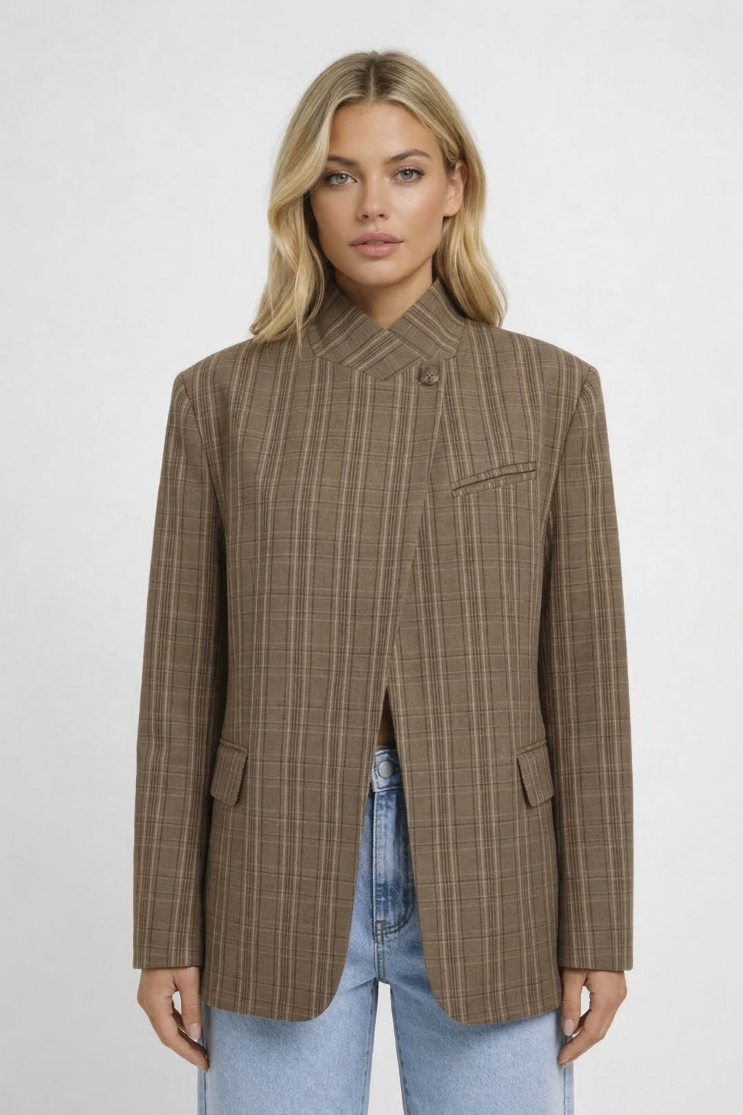 Nadège Blazer Femme Oversize – Blazer à Carreaux avec Col Montant et Fermeture Asymétrique