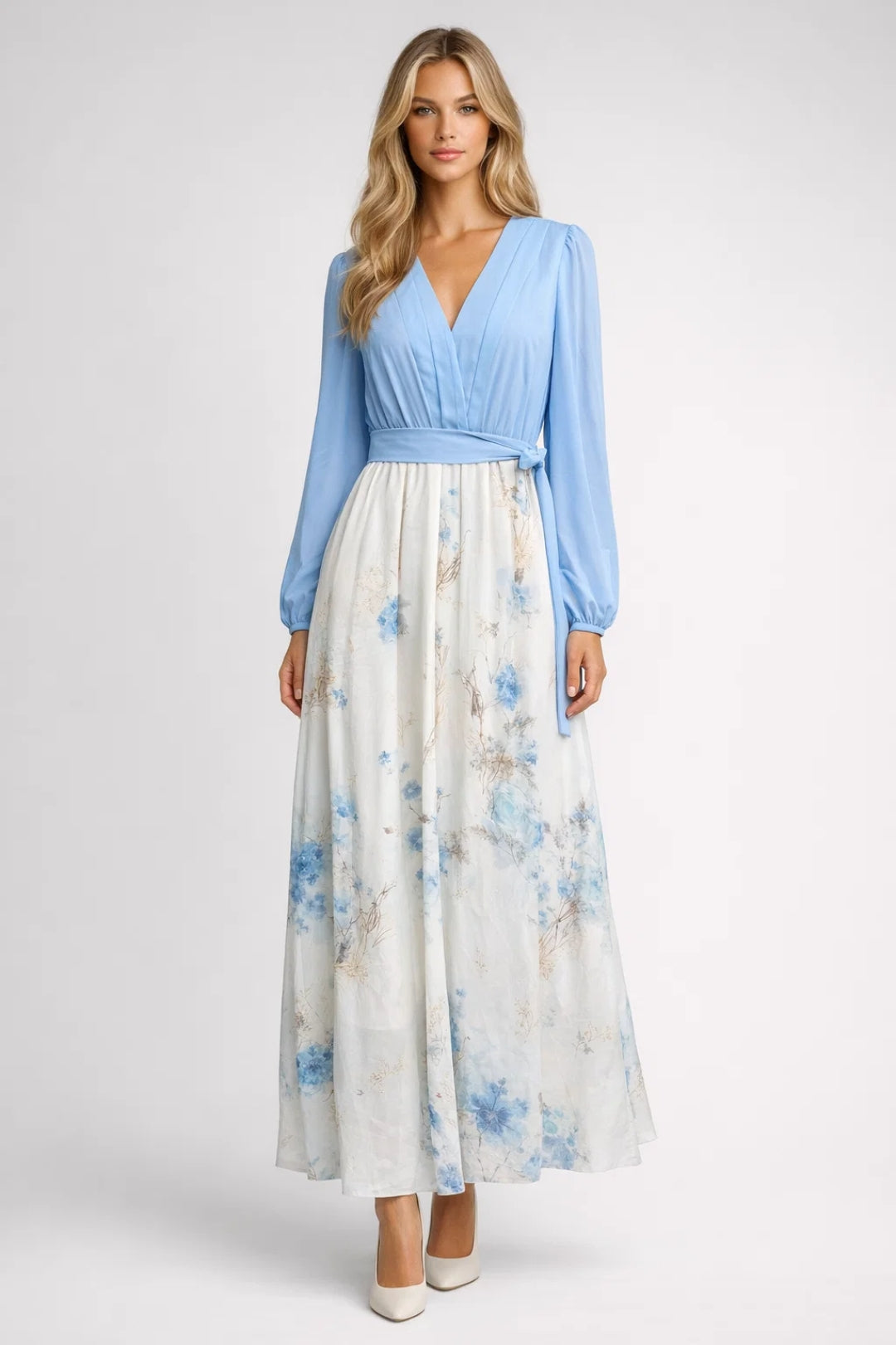 Vestido maxi para mujer Clarisse – Vestido floral con escote en V y mangas largas elegantes