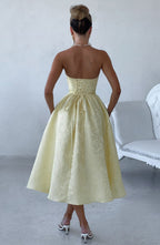 Ursula – Vestido midi de mujer amarillo limón en jacquard floral, con corpiño plisado elegante