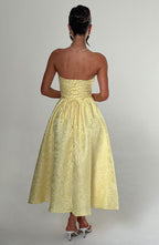 Ursula – Vestido midi de mujer amarillo limón en jacquard floral, con corpiño plisado elegante