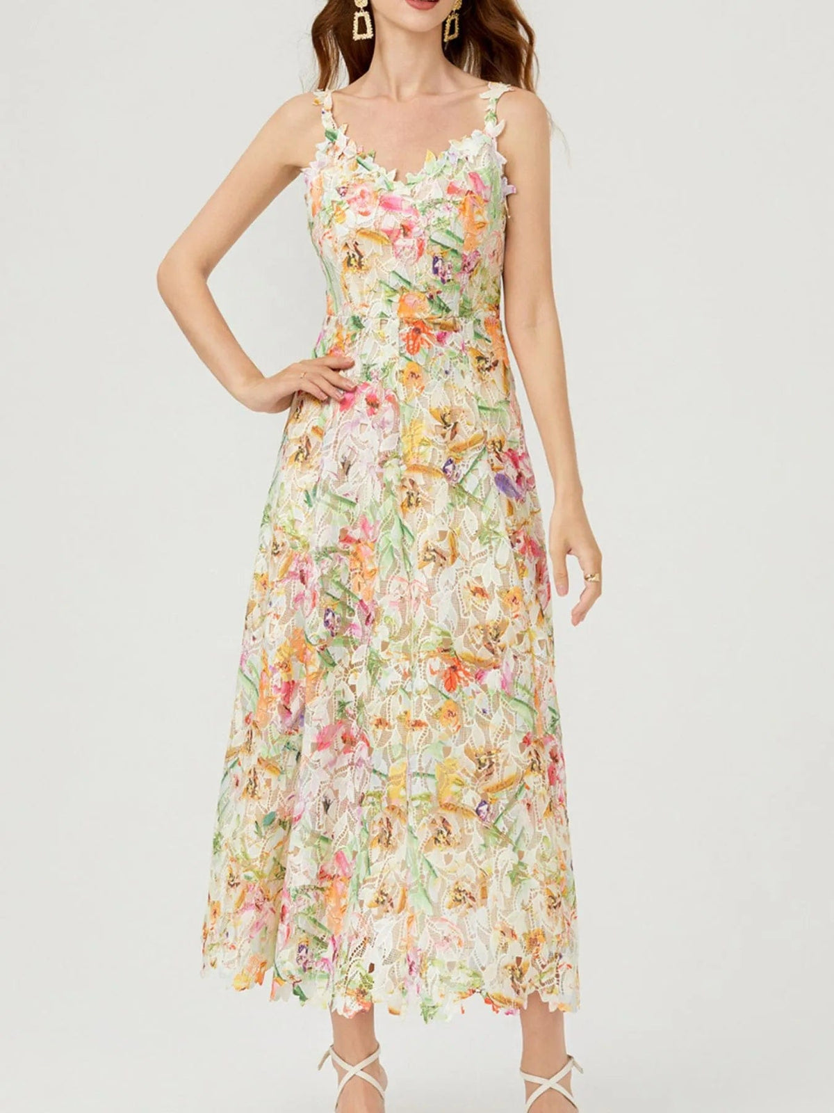Victoire – Vestido midi de mujer con estampado floral de encaje y tirantes finos, estilo refinado