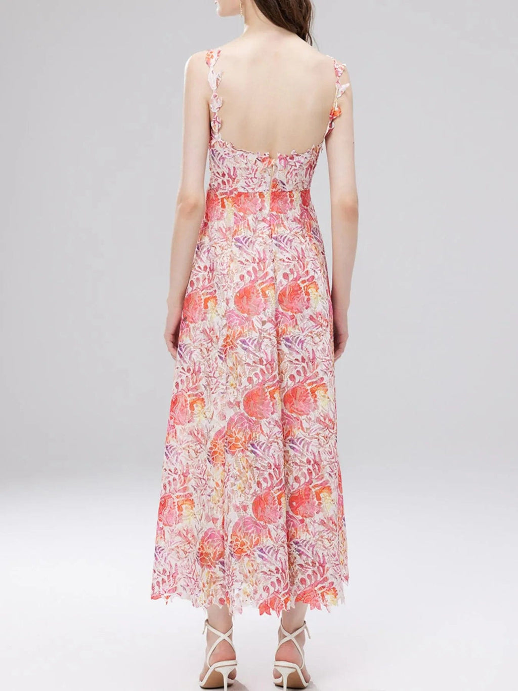 Victoire – Vestido midi de mujer con estampado floral de encaje y tirantes finos, estilo refinado