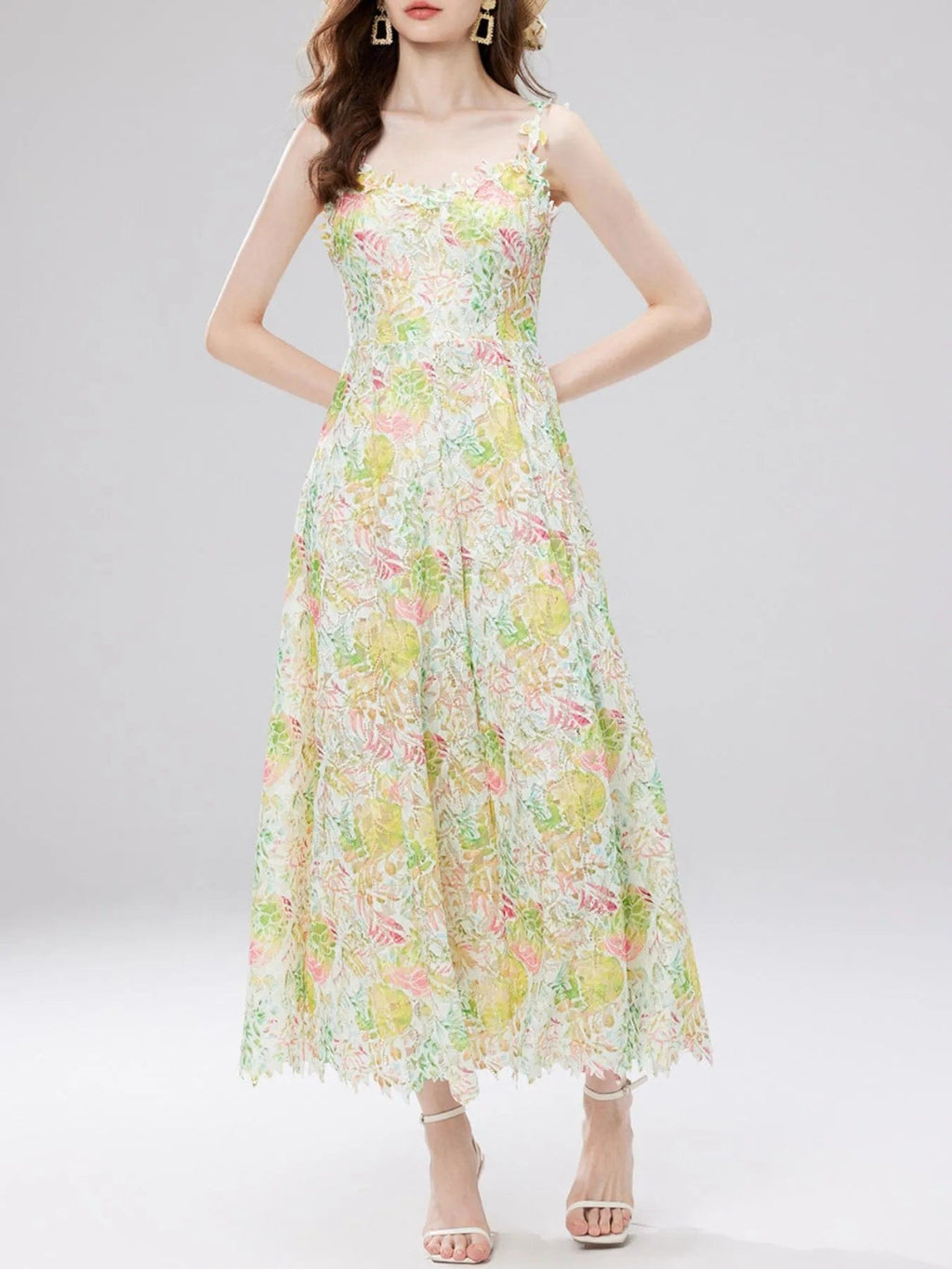 Victoire – Vestido midi de mujer con estampado floral de encaje y tirantes finos, estilo refinado