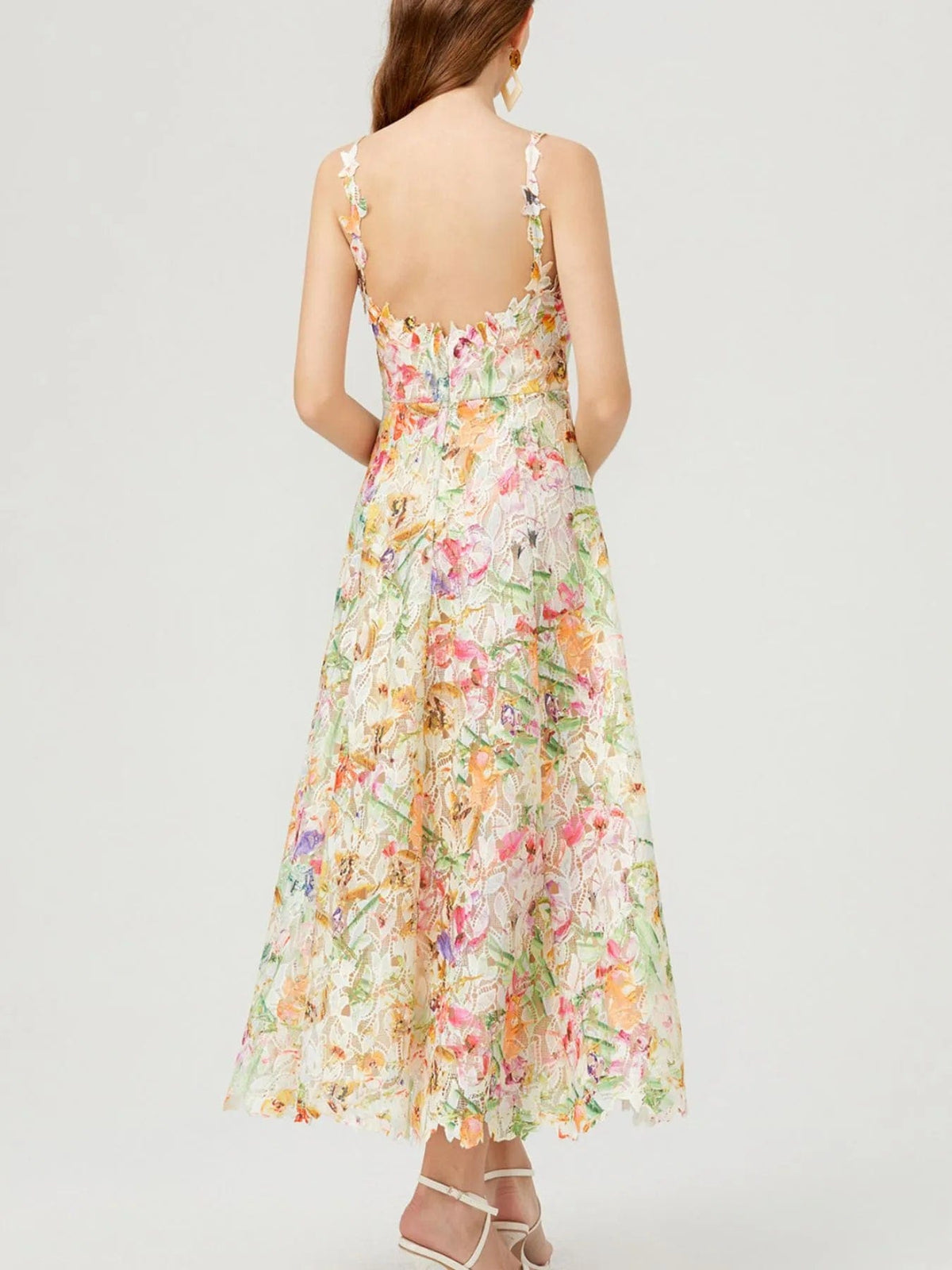 Victoire – Vestido midi de mujer con estampado floral de encaje y tirantes finos, estilo refinado