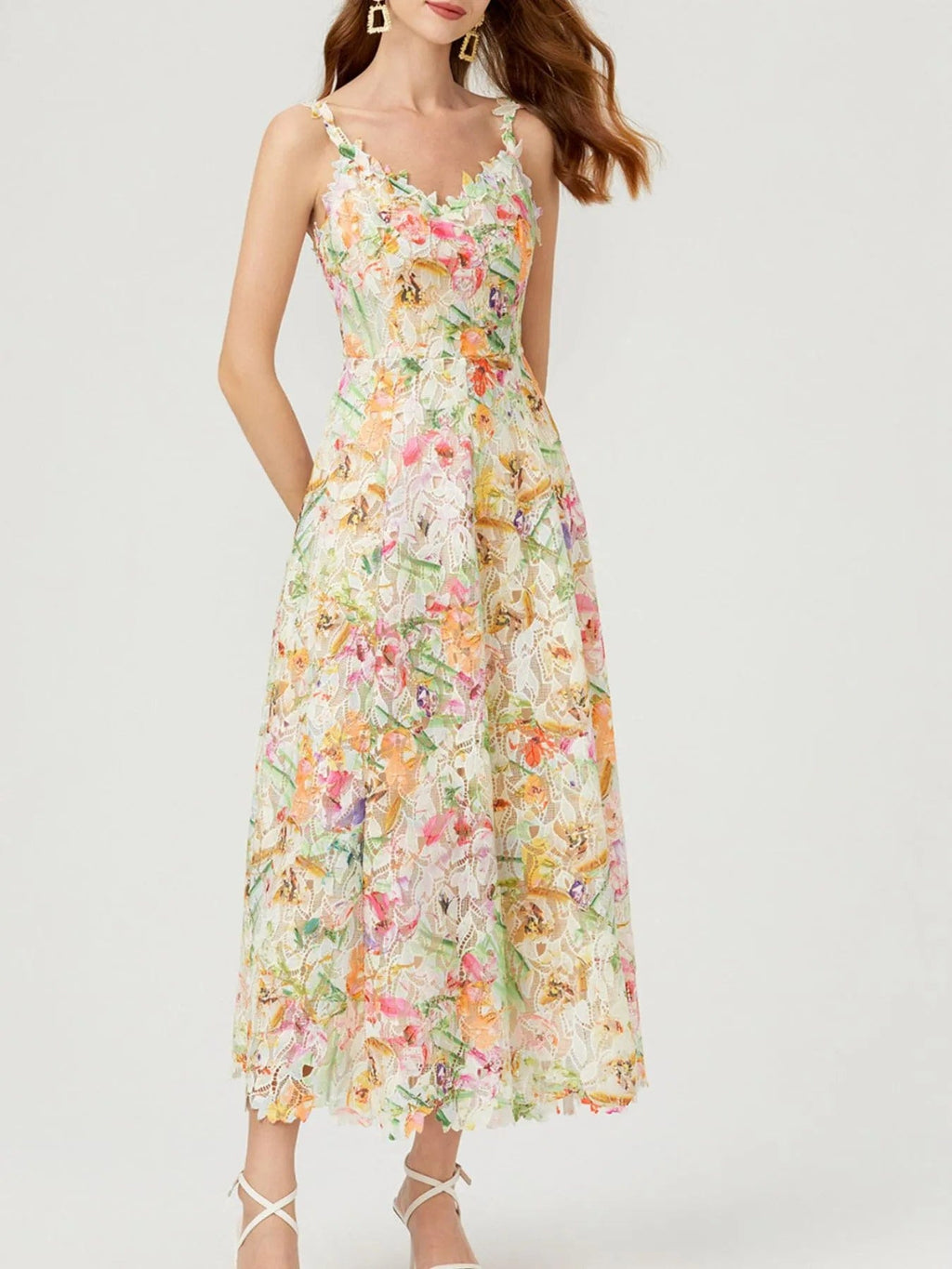Victoire – Vestido midi de mujer con estampado floral de encaje y tirantes finos, estilo refinado