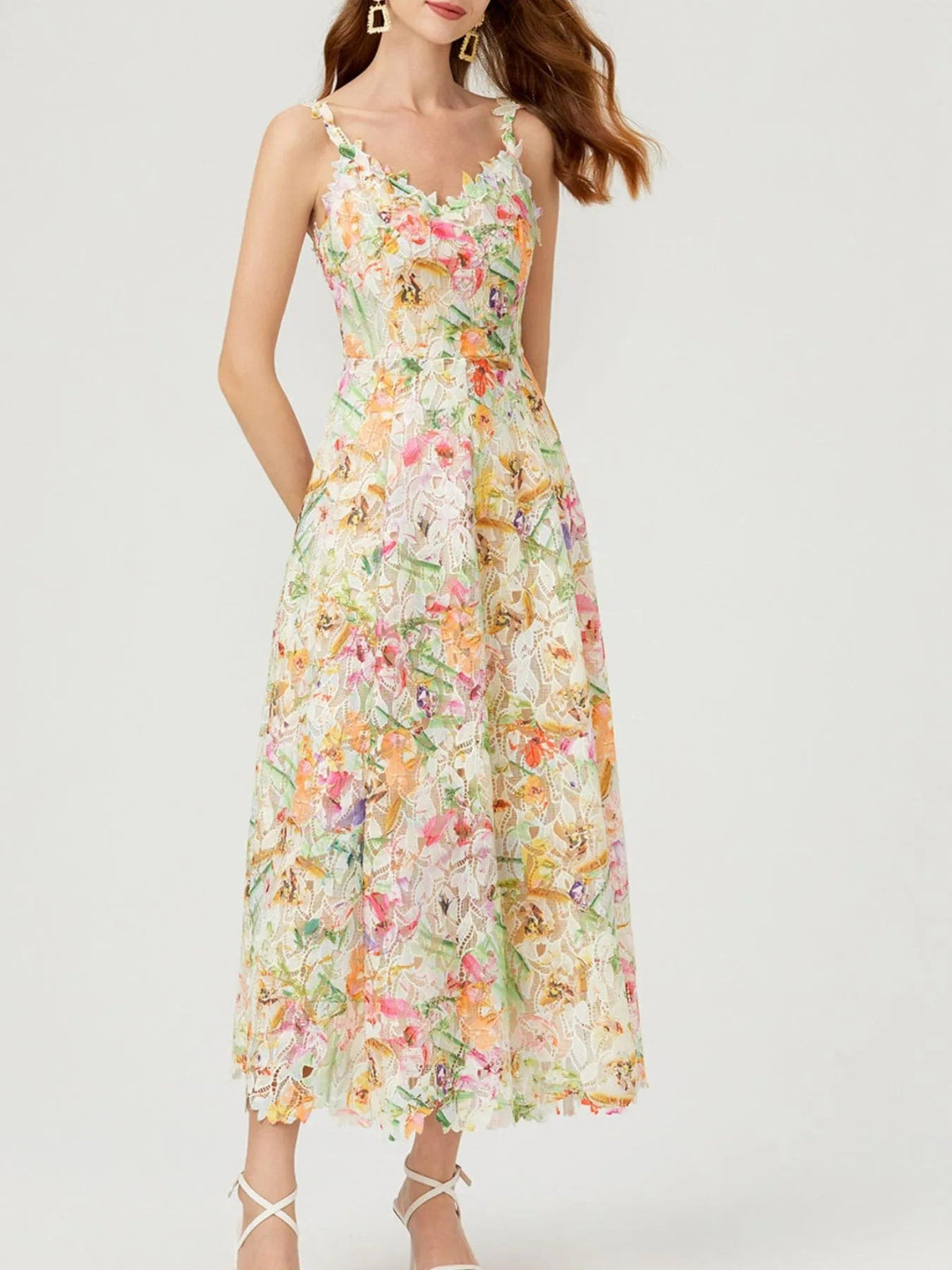 Victoire – Vestido midi de mujer con estampado floral de encaje y tirantes finos, estilo refinado