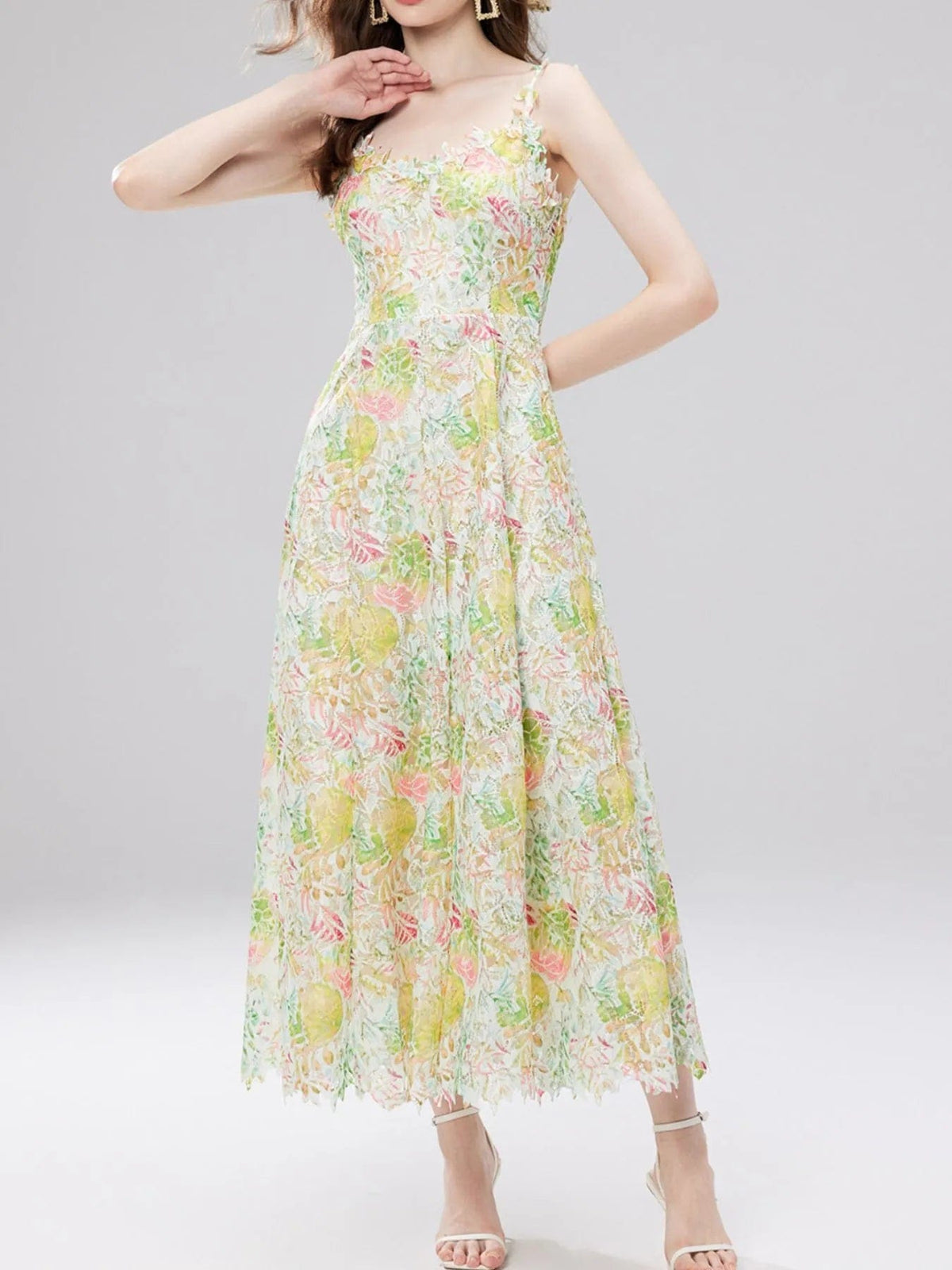 Victoire – Vestido midi de mujer con estampado floral de encaje y tirantes finos, estilo refinado