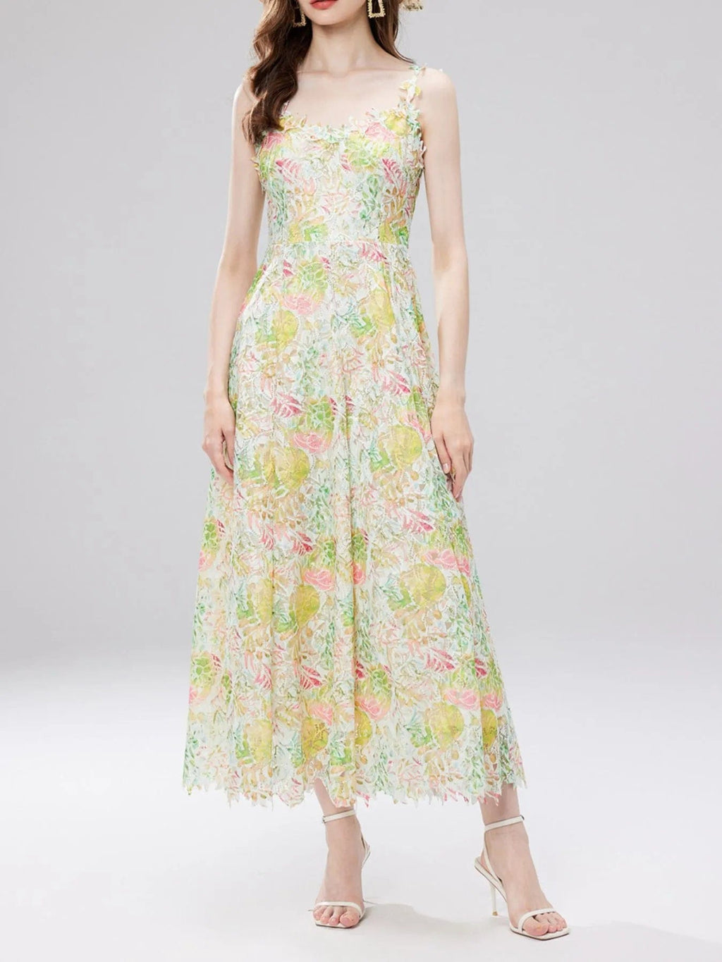 Victoire – Vestido midi de mujer con estampado floral de encaje y tirantes finos, estilo refinado