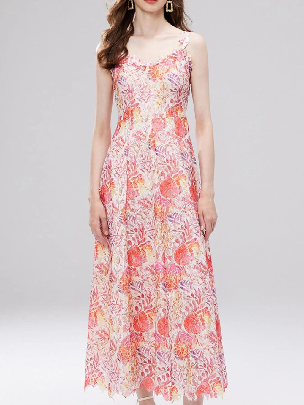 Victoire – Vestido midi de mujer con estampado floral de encaje y tirantes finos, estilo refinado
