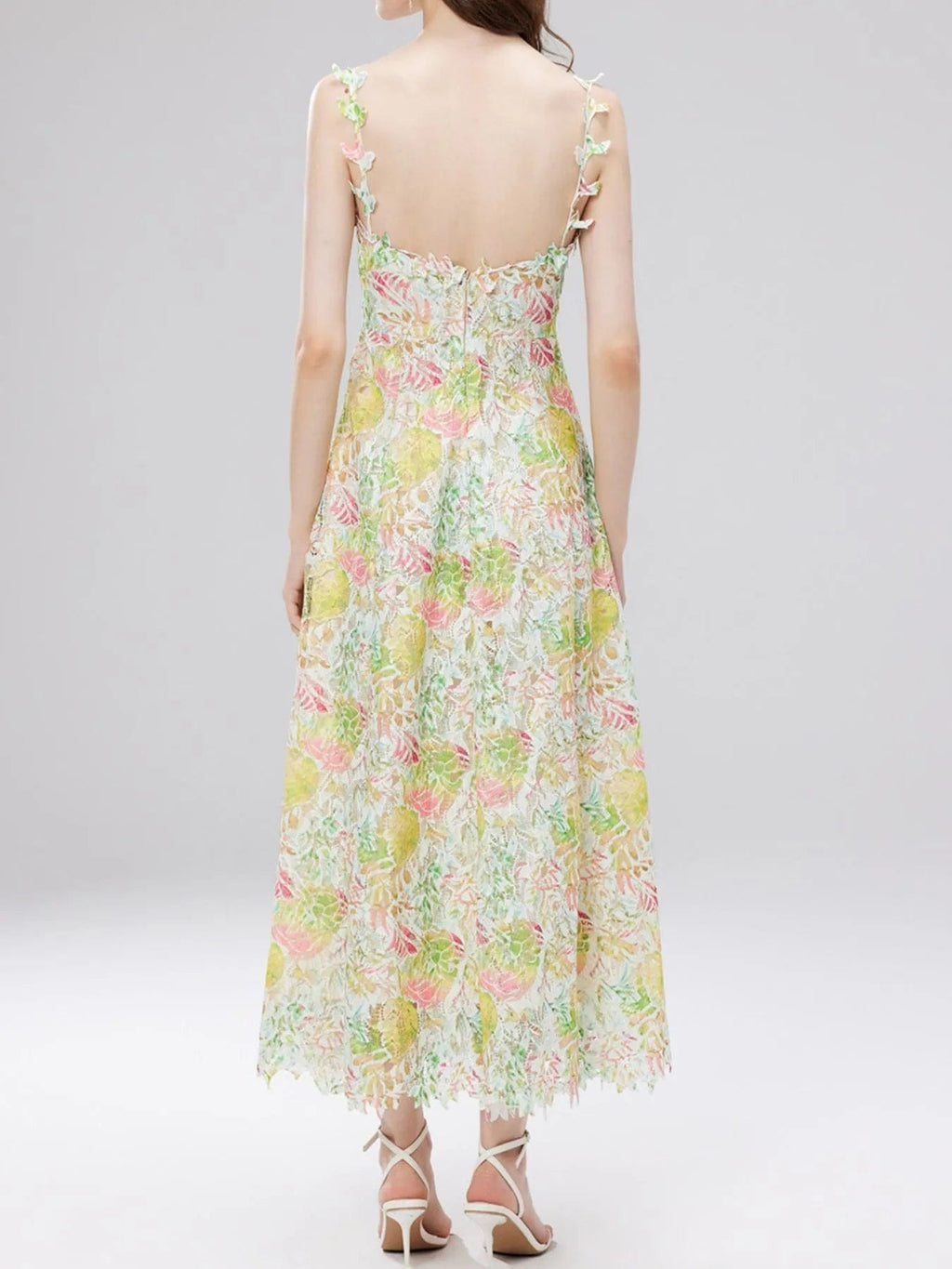 Victoire – Vestido midi de mujer con estampado floral de encaje y tirantes finos, estilo refinado
