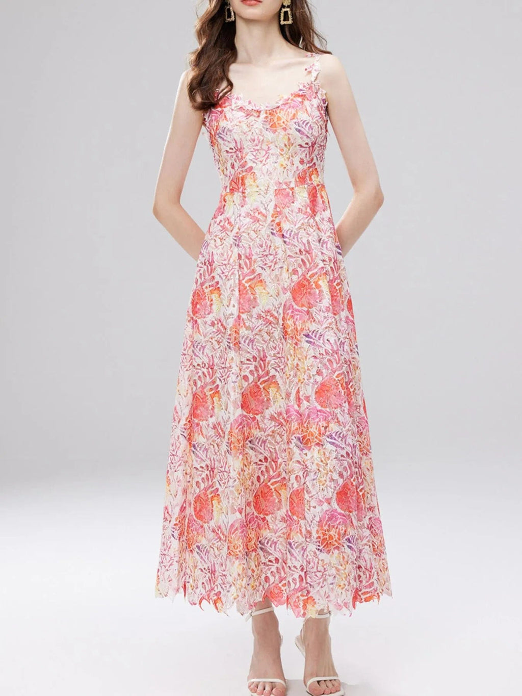 Victoire – Vestido midi de mujer con estampado floral de encaje y tirantes finos, estilo refinado