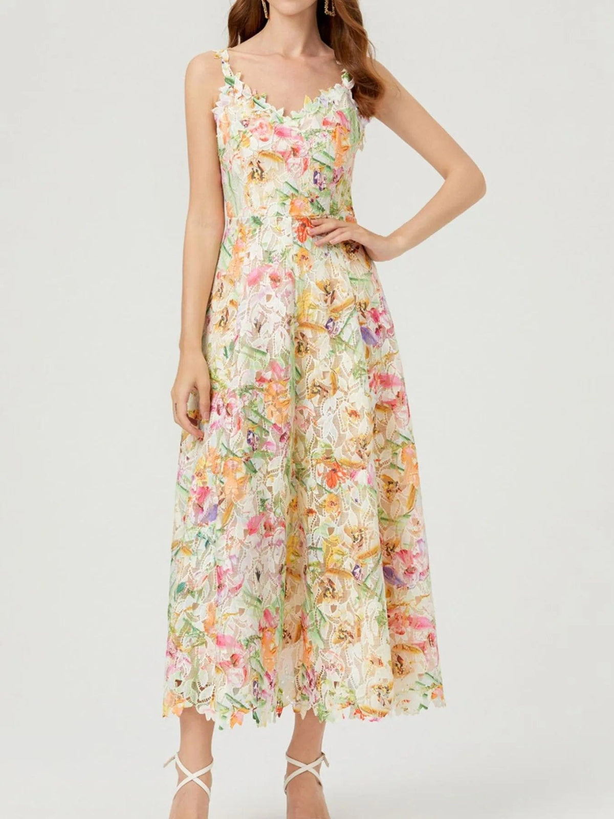 Victoire – Vestido midi de mujer con estampado floral de encaje y tirantes finos, estilo refinado