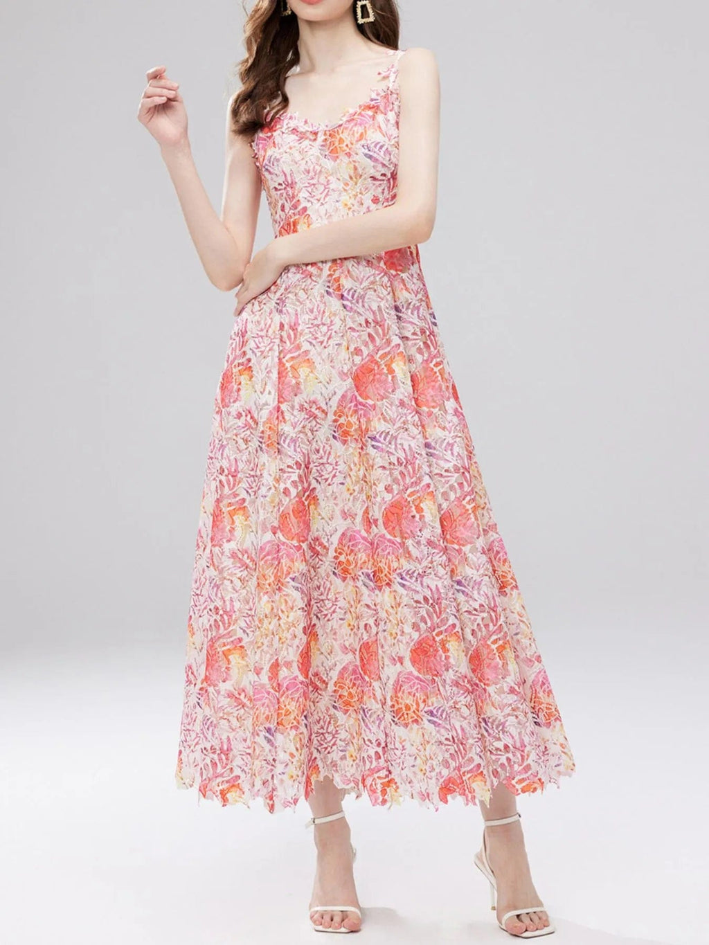 Victoire – Vestido midi de mujer con estampado floral de encaje y tirantes finos, estilo refinado