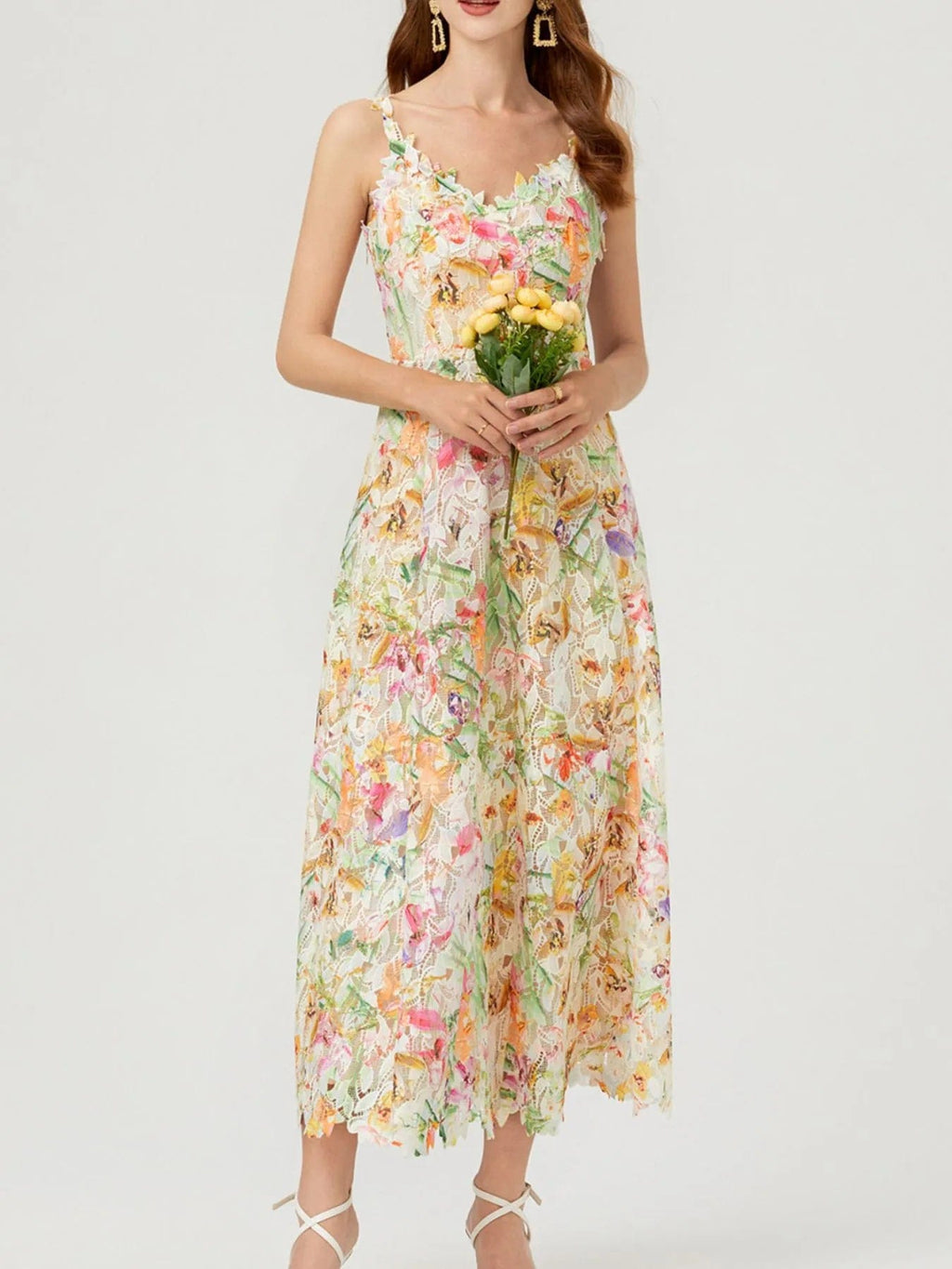 Victoire – Vestido midi de mujer con estampado floral de encaje y tirantes finos, estilo refinado