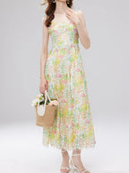 Victoire – Vestido midi de mujer con estampado floral de encaje y tirantes finos, estilo refinado