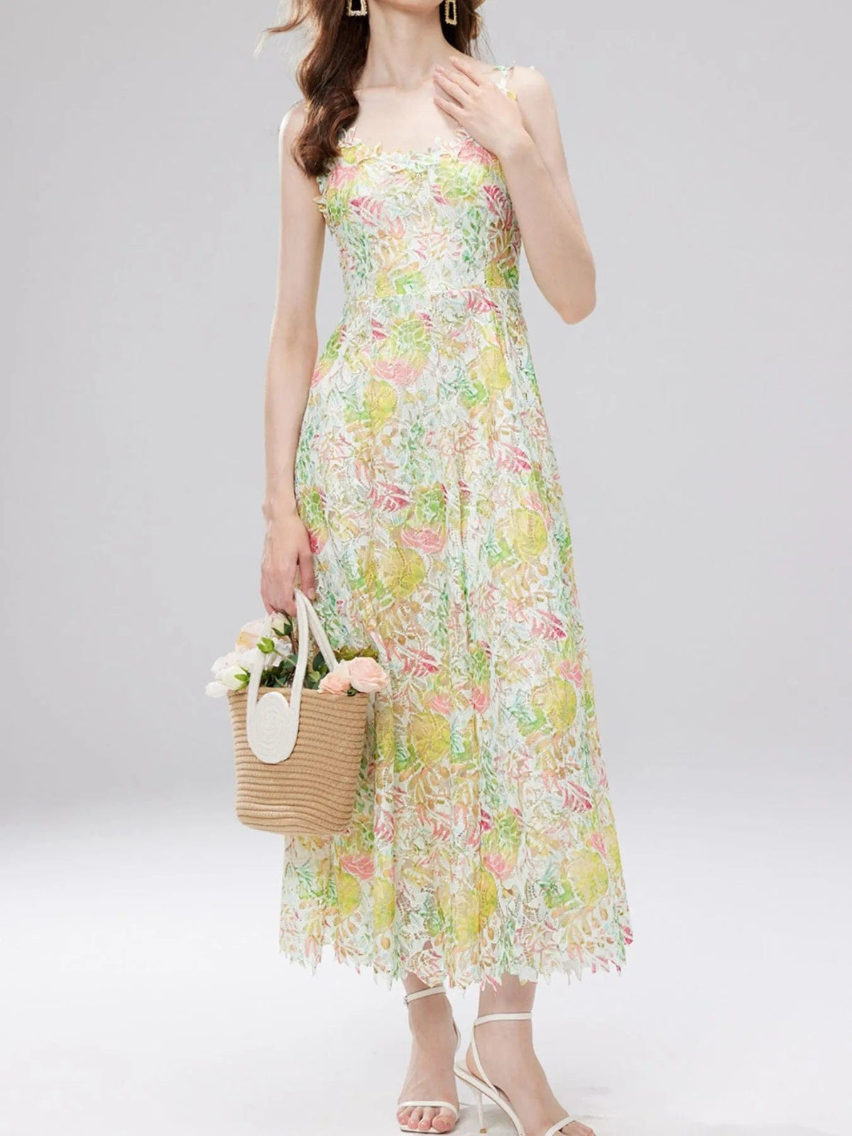 Victoire – Vestido midi de mujer con estampado floral de encaje y tirantes finos, estilo refinado