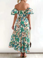 Wendy – Abito midi da donna a fiori con spalle scoperte, maniche a sbuffo e gonna a balze