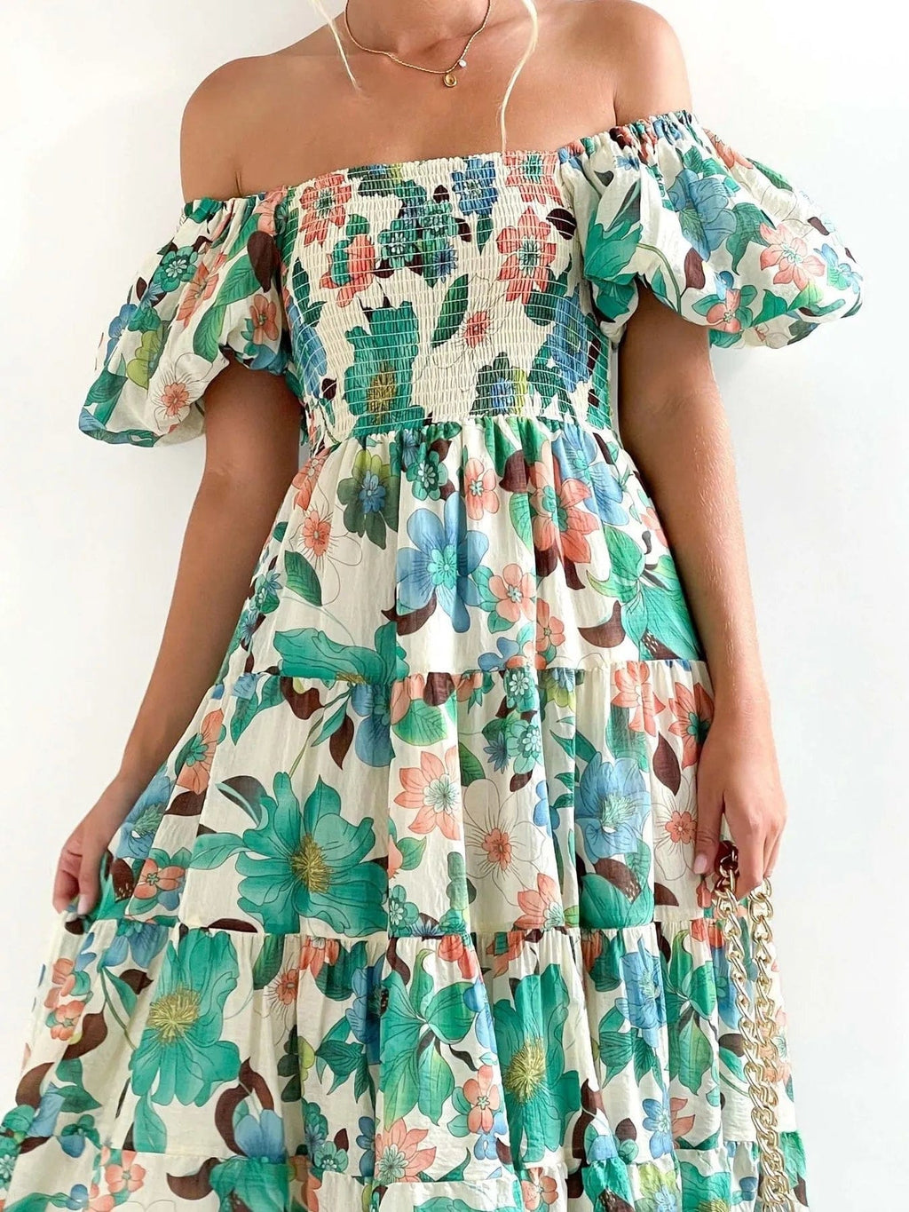 Wendy – Abito midi da donna a fiori con spalle scoperte, maniche a sbuffo e gonna a balze