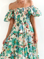 Wendy – Abito midi da donna a fiori con spalle scoperte, maniche a sbuffo e gonna a balze