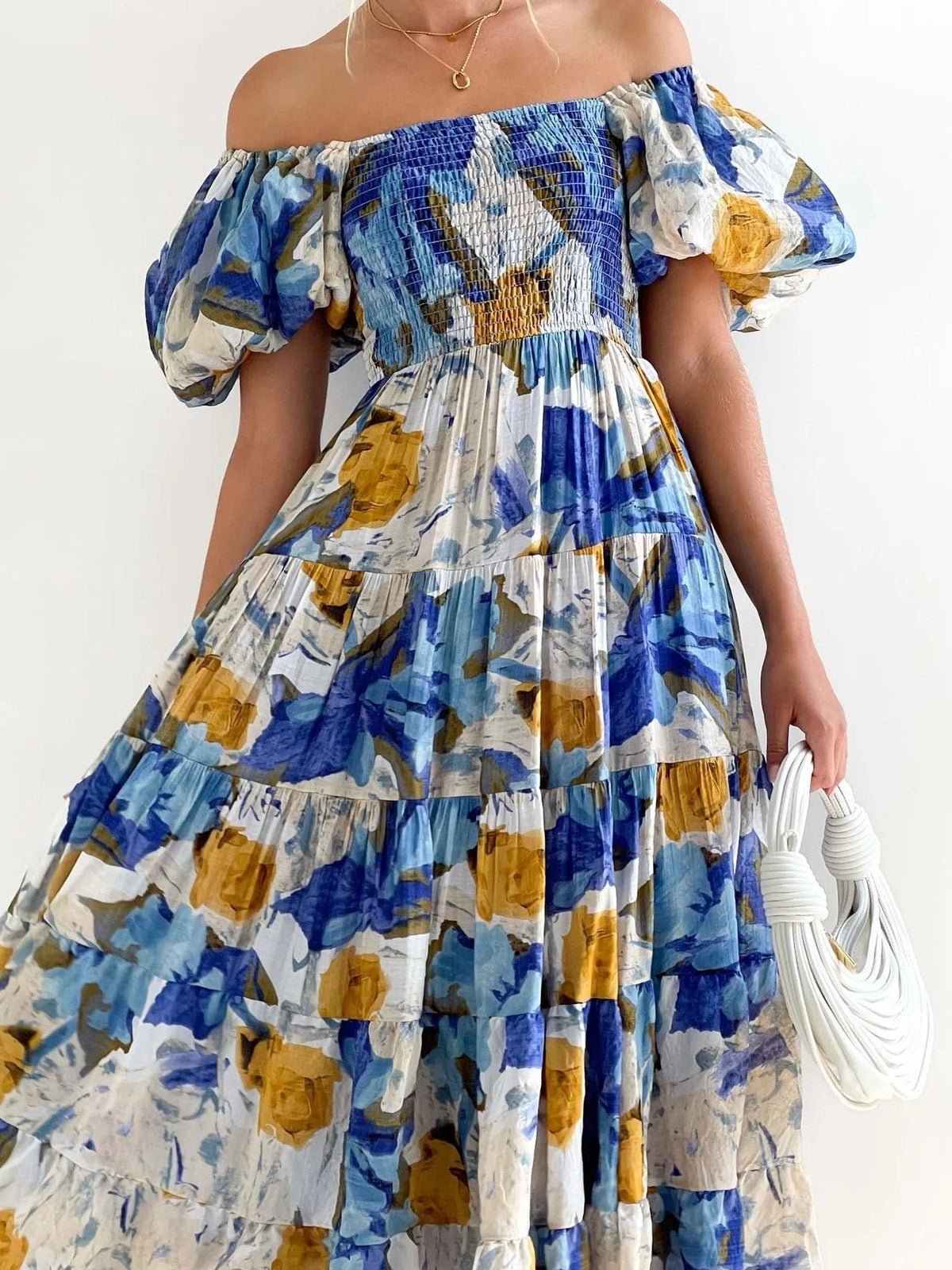 Wendy – Abito midi da donna a fiori con spalle scoperte, maniche a sbuffo e gonna a balze