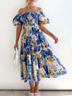 Wendy – Abito midi da donna a fiori con spalle scoperte, maniche a sbuffo e gonna a balze