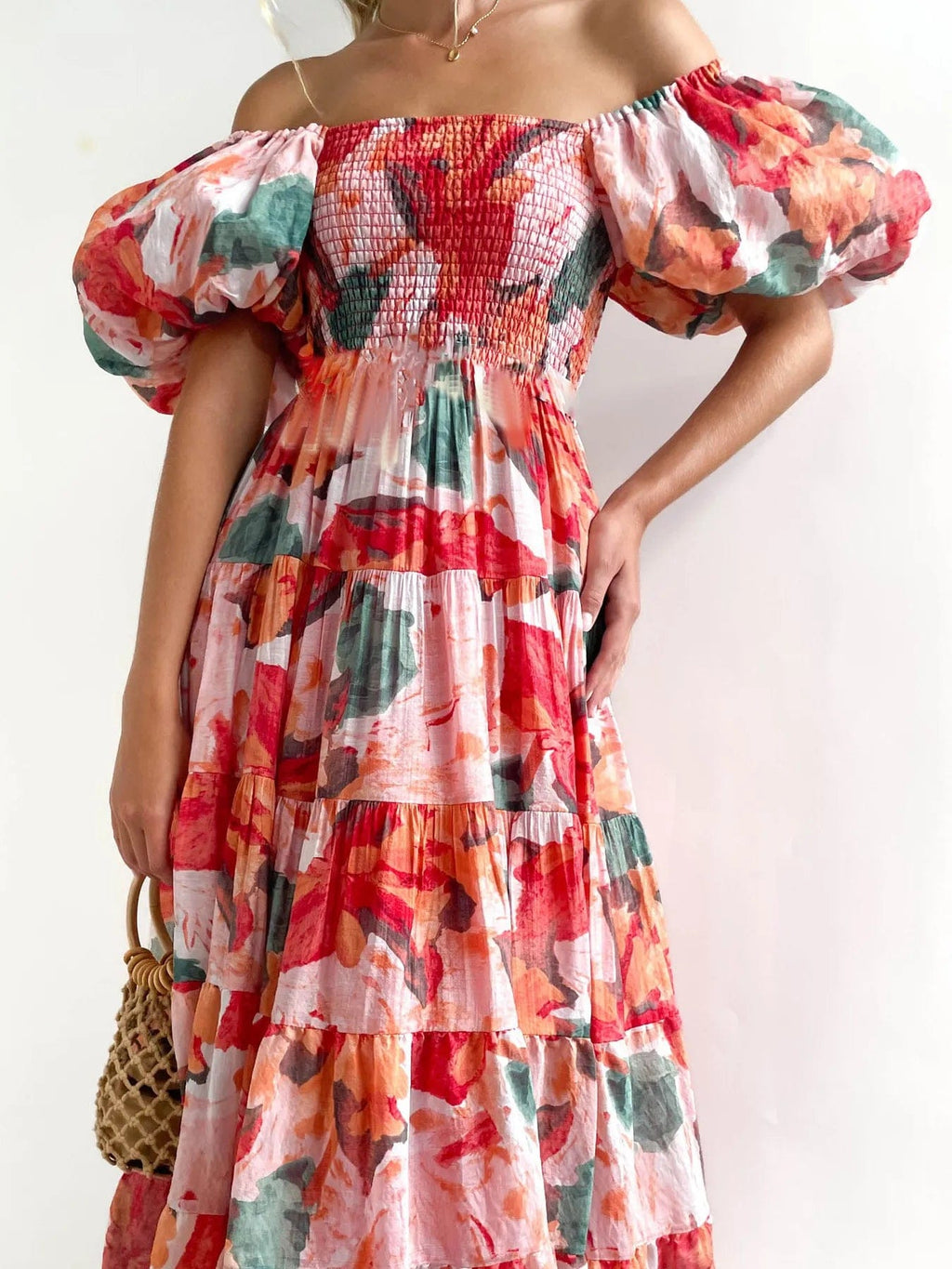 Wendy – Abito midi da donna a fiori con spalle scoperte, maniche a sbuffo e gonna a balze