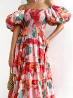 Wendy – Abito midi da donna a fiori con spalle scoperte, maniche a sbuffo e gonna a balze